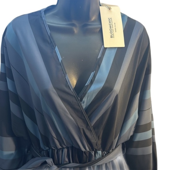Bloom Chic NWT XL 14-16 Blue multi tone long sleeve striped v neck maxi dress - Picture 2 of 11